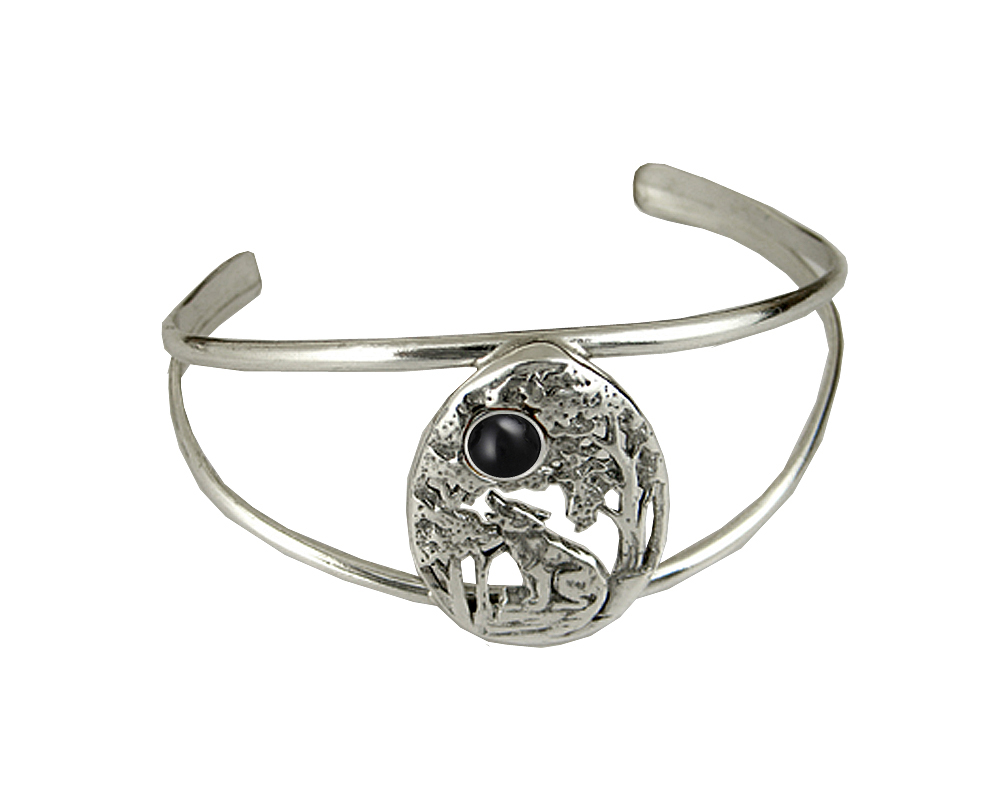 Sterling Silver Howling Wolf Cuff Bracelet With Black Onyx Sterling Silver Howling Wolf Cuff Bracelet With Black Onyx